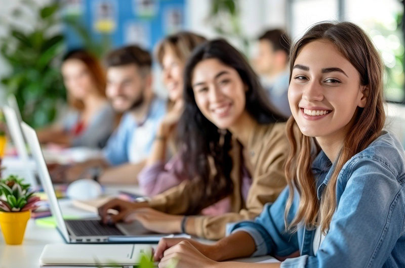 Schüler sitzen fröhlich im Unterricht
